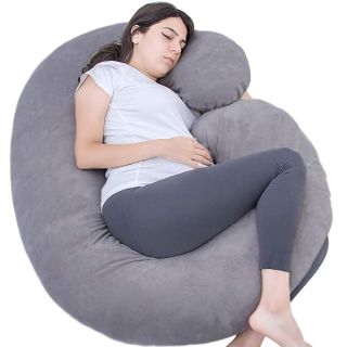 1 MIDDLE ONE Pregnancy Pillow, C Shaped Full Body Pillow for Maternity Support, Pregnant Women Sleeping Pillow with Velour Cover (Grey)