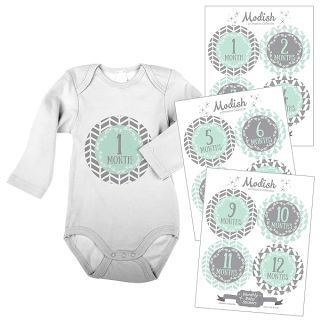 12 Monthly Baby Stickers, Tribal Arrows, Mint, Gray, Gender Neutral, Boy, Girl, Baby Book Keepsake, Baby Shower Gift