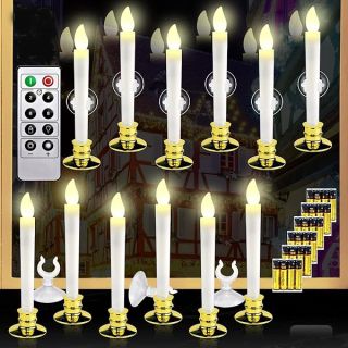 12 Set Christmas Window Candles Lights with Timer Battery Operated Electric LED Taper Candles Flameless for Windows, Gold Candle Holders, Suction Cups & 24 PCS Battery Included (12 Set)