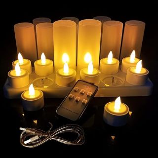 12pcs Flameless Candles, Rechargeable Tea Lights Candle with Charging Base,Flickering Working 40 Hours Tealights with Remote for Valentine's Day Christmas Halloween Wedding Outdoor Party Decor