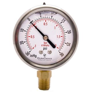 2-1/2" Oil Filled Vacuum Pressure Gauge - Stainless Steel Case, Brass, 1/4" NPT, Lower Mount Connection, 30HG/30PSI