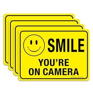 (4 Pack) Faittoo Smile You're On Camera Sign, 10x7 Reflective Rust Free .40 Aluminum, UV Protected, Weather Resistant, Durable Ink, Indoor & Outdoor Use for Home Business CCTV Security Camera