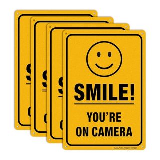 (4 Pack) Smile You're on Camera Video Surveillance Sign - 10 x 7 Inches - .040 Rust Free Heavy Duty Aluminum - Indoor or Outdoor Use for Home Business CCTV Security Camera,UV Protected & Reflective