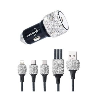 Laugwey Bling Car Charger with USB Cable Set,Luxury Crystal Car Accessories Kits for Girls & Women,Rhinestone Dual USB Car Charger with Bling 3 in 1 Nylon Braided Charging Cable (Silver)