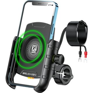 BRCOVAN Motorcycle Phone Mount with Qi 15W Wireless Charger & USB C 20W Fast Charging Port, Waterproof Motorcycle Cell Phone Holder Cradle with Aluminum Alloy Handlebar Mounting Base for 4"-8" Phone