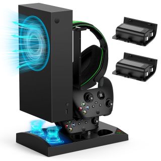 Charger Stand with Cooling Fan for Xbox Series S - Dual Dock, 2 Rechargeable Batteries & Earphone Bracket (Black)