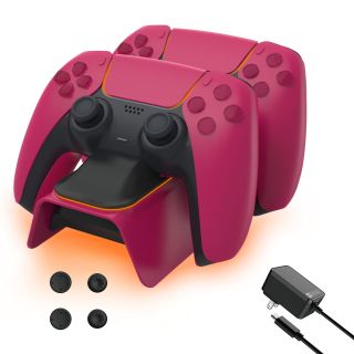 NexiGo PS5 Controller Charger with Thumb Grip Kit, Fast Charging AC Adapter, DualSense Charging Station Dock for Dual Playstation 5 Controllers with LED Indicator, Cosmic Red