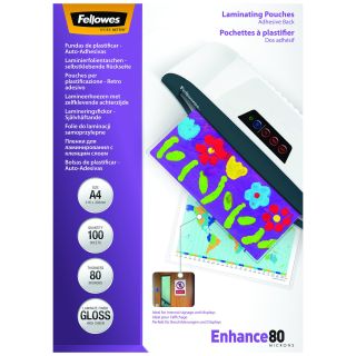 Fellowes A4 Laminating Pouches, Gloss, 160 Micron (2 x 80 Micron) Self Adhesive, Pack of 100, Clear