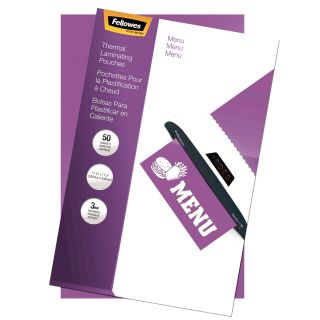 Fellowes Hot Laminating Pouches, 3 Mil, Menu Size, 50 Per Pack (52013)