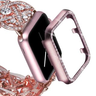 VIQIV Bling Protective Face Bumper Case Cover for Compatible with Apple Watch 38mm 42mm 40mm 44mm, Crystal Diamond Plate Frame Compatible with Apple iWatch Series 4 3 2 1 Rose Pink