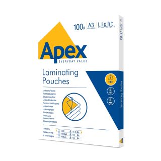 Fellowes Apex A3 Laminating Pouches, Glossy Finish, 100 Sheets, 160 Micron (2 x 80 Micron) Light Duty - Ideal for Notices and Photos