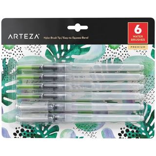 ARTEZA Water Brush Pen, Set of 6, Fine, Medium, Broad Tips, Self-Moistening Water Brush, Refillable Water Pen