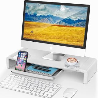 AboveTEK Foldable Monitor Stand Riser with Drawer - Height Adjustable Space-Saving Solution for PC, Laptop & Printer (White)