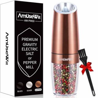 AmuseWit Electric Gravity Pepper Mill or Salt Grinder Mill [White Light] - Battery Operated Automatic Pepper Grinder with Light, Adjustable Coarseness, One Handed Operation, Cleaning Brush, Copper