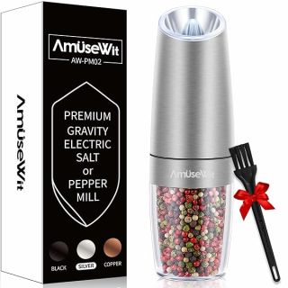 AmuseWit Electric Gravity Pepper Mill or Salt Grinder Mill [White Light] - Battery Operated Automatic Pepper Grinder with Light, One Handed Operation, Adjustable Coarseness, Stainless Steel