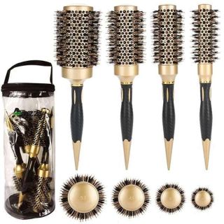 Aozzy Hair Brush, Round Brush Set for Blow Drying - Professional Boar Bristle Hair Styling Brush, Nanothermic-Ion Technology, Vented Ceramic Barrel, for Women - 4 Size Options, Golden