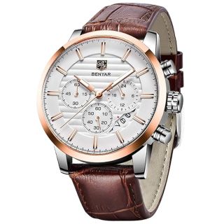 BENYAR Chronograph Waterproof Watches Business and Sport Design Brown Leather Band Strap Wrist Watch for Men (Coffee Gold White)