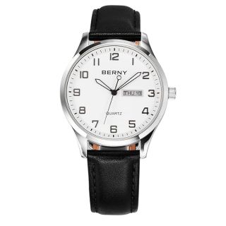 BERNY Men&amp;#039;s Easy Reader Watch Standard Analog Display Quartz Leather Strap Wristwatch Classic Elegant Day-Date Watch for Men (White Dial)