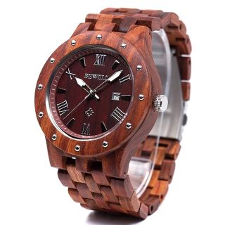 BEWELL Men&amp;#039;s Wood Quartz Watches Roman Date Luminous Wooden Wrist Watch W109A (Red Sandalwood)