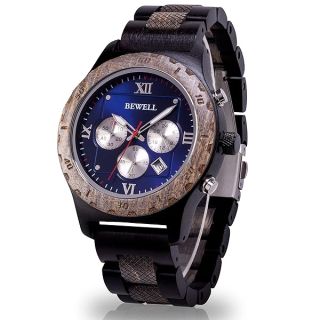 BEWELL Wood Watches for Men Quartz Multi-Functional Chronograph Date Casual Mens Wooden Watch (Black Sandalwood)