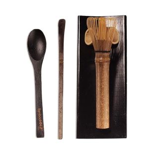 BambooMN Matcha Whisk Set - Skinny Black Chasen (Tea Whisk), Black Tray, Black Chashaku (Hooked Bamboo Scoop), Black Tea Spoon - 1 Set