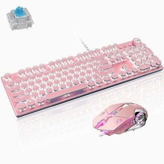 Basaltech Retro Steampunk Mechanical Gaming Keyboard & Mouse Combo - LED Backlit, 104-Key Anti-Ghosting, Pink Metal Panel