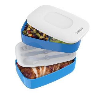 Bentgo Classic - Adult Bento Box, All-in-One Stackable Lunch Box Container with 3 Compartments, Plastic Utensils, and Nylon Sealing Strap, BPA Free Food Container (Blue)