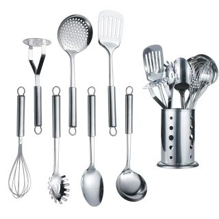 Berglander Cooking Utensil Set 8 Piece, Stainless Steel Kitchen Tool Set with Stand,Cooking Utensils, Slotted Tuner, Ladle, Skimmer, Serving Spoon, Pasta Server,Potato Maseher, Egg Whisk. ?8 Pieces?