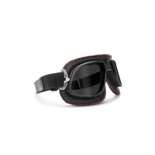 Shop Bertoni Vintage Motorcycle Goggles - Dark Lenses, Black Leather & Orange Stitching - Stylish Aviator Goggles from Italy