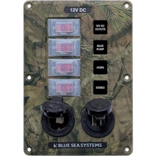 Blue Sea Systems 4324 Water-Resistant Circuit Breaker Switch Panel, Camo, 4 pos. + 12 Volt Socket and Dual USB Charger