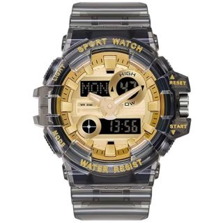 CARLIEN Men's Waterproof Analog Digital LED Watch - Multifunctional Sports Timepiece with Transparent Black-Gold Strap