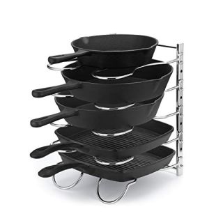 CAXXA Heavy Duty Pan Rack, Pot Lid Rack, Kitchen Cabinet Pantry Cookware Organizer Rack Holder with 5 Adjustable Dividers, Chrome