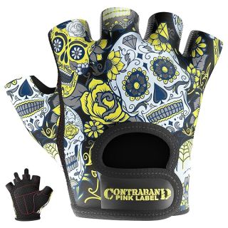 Contraband Pink Label 5237 Womens Design Series Sugar Skull Lifting Gloves (Pair) - Lightweight Vegan Amara Leather Palm w/Griplock Silicone (Yellow, X-Small)