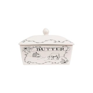 Creative Co-Op Country Stoneware Butter Dish with Lid, "Spread the Love" Message, and Farm Line Drawing, White and Black