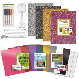 Cricut Vinyl Sheets and Glitter Iron-On with Essential Tool Set and Pens Bundle - Craft Cutting Machine Variety Materials Pack, Beginner Vinyl Sampler and HTV Sheets, Digital Cricut How to Guides