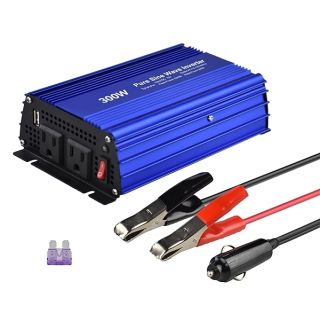 DC 12V to AC120V Pure sine Wave Power Inverter 300W with Dual sockets Output and DC 5V 2Amp USB Output. Ideal for Most Small Power appliances. (300W) Blue