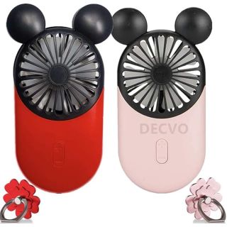 DECVO Cute Personal Mini Fan, Handheld & Portable USB Rechargeable Fan with Beautiful LED Light, 3 Adjustable Speeds, Portable Holder, for Indoor Or Outdoor Activities, Cute Mouse 2 Pack (Red+Pink)