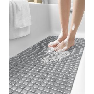 DEXI Bath Tub Shower Mat Non-Slip 16 x 39 Extra Long Bathtub Mats, Suction Cups, Drain Holes, Machine Washable Bathroom Mat, Clear Grey