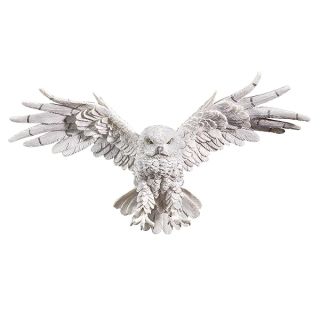 Design Toscano Mystical Snowy Owl Bird Indoor/Outdoor Wall Frieze Sculpture, Medium, 19 inches wide, 11 inches tall, Cast Stone Resin, White Finish