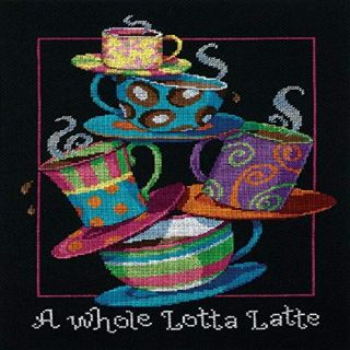 Dimensions 'A Whole Lotta Latte' Counted Cross Stitch Kit, 14 Count Black Aida, 11" x 14"