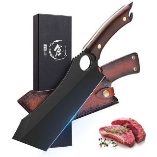 Dream Reach Meat Cleaver, 6.9 inch Black Boning Knife, High Carbon Steel Sharp Kitchen Forged In Fire Knife with Sheath Gift Box Bottle Opener for Outdoor Camping