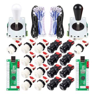 EG STARTS 2 Player Arcade Joystick DIY Parts 2X USB Encoder + 2X Ellipse Oval Joystick Hanlde + 18x American Style Arcade Buttons for PC, MAME, Raspberry Pi, Windows System (Black & White)