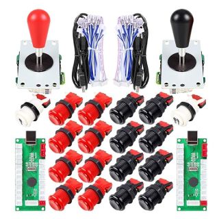 EG STARTS 2 Player Arcade Joystick DIY Parts 2X USB Encoder + 2X Ellipse Oval Joystick Hanlde + 18x American Style Arcade Buttons for PC, MAME, Raspberry Pi, Windows System (Red & Black)