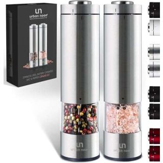 Electric Salt and Pepper Grinder Set - Battery Operated Stainless Steel Mill with Light (2 Mills) - Automatic One Handed Operation - Electronic Adjustable Shakers - Ceramic Grinders