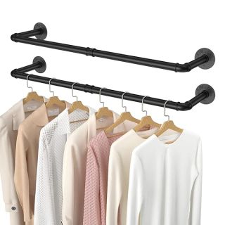 Elibbren 2 Pack Clothing Rack Wall Mount, Industrial Pipe Clothes Rack 38.4IN,Heavy Duty Iron Garment Rack Bar for Closet,Laundry Room, Multi Purpose Hanging Rod,Black