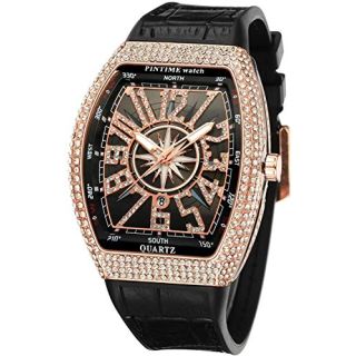 FANMIS Mens Skull Big Face Watches Rectangle Punk Diamond Dial Leather Strap Calendar Quartz Sports Wrist Watch (Rose Black)