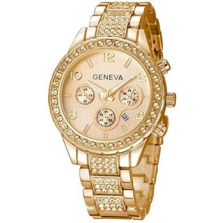 FANMIS Unisex Luxury Pave Floating Crystal Diamonds Calendar Quartz Watch with Stainless Steel Link Bracelet (B Gold)