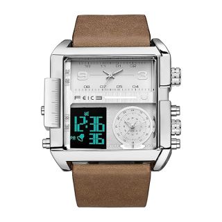 FEICE Men's Digital LED Analog Quartz Watch - Multifunction Square Chronograph with Leather Band