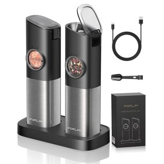 FORLIM Gravity Electric Salt and Pepper Grinder Set, Upgraded Large Capacity, USB Rechargeable Automatic One Hand Operated, Adjustable Coarseness, Auto Dust Lid, LED Light(Stain Steel Grey)