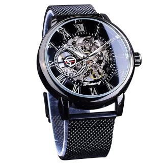 FOR SINING Black Mechanical Watch for Men - Minimalist Retro Skeleton Design with Transparent Mesh Band